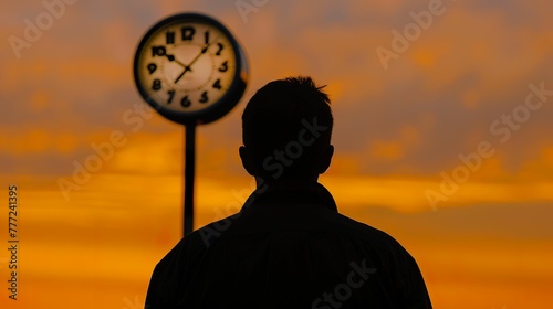 Temporal paradox, clock, existential crisis, contemplating the consequences of altering history, golden hour, photography, silhouette lighting, chromatic aberration, Rear view photo