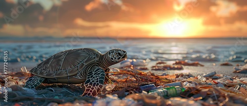 Turtle, tangled in plastic debris, marine ecosystem preservation, beach setting with littered plastic waste, sunset lighting, 3D render, golden hour effect, Silhouette shot