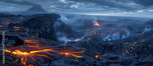 Volcanic crater, rugged terrain, glowing embers, rocky landscape, erupting volcano, Photography, Rim Lighting, Vignette, Side view photo