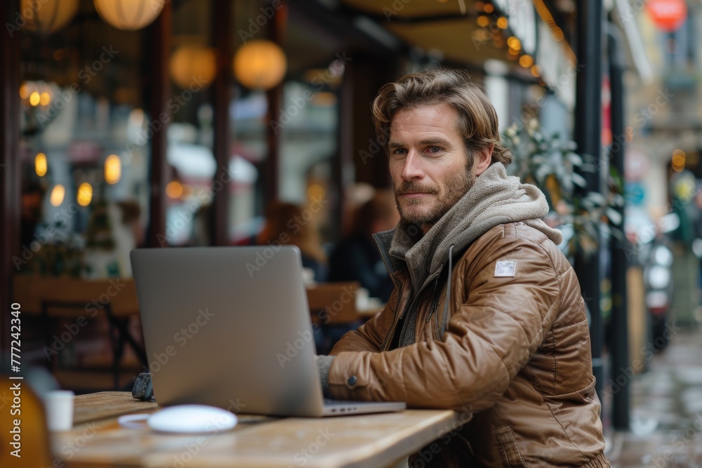 Portrait shot of a smiling professional businessman in neat suit outfits sitting at a desk using a laptop on a blurred modem office background. Generative AI. Portrait shot of a smiling professional businessman in neat suit outfits sitting at a desk using a laptop on a blurred modem office background. Generative AI.