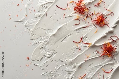 abstract spice motifs, inspired by exotic saffron and pungent cloves, grace a pristine white canvas, infusing the scene with the warmth and richness of culinary tradition. photo