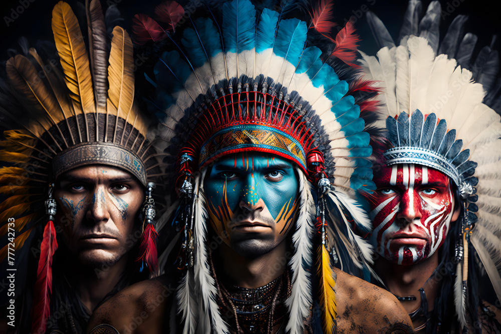 Three men in traditional Injun red indian face painting and headdress ...