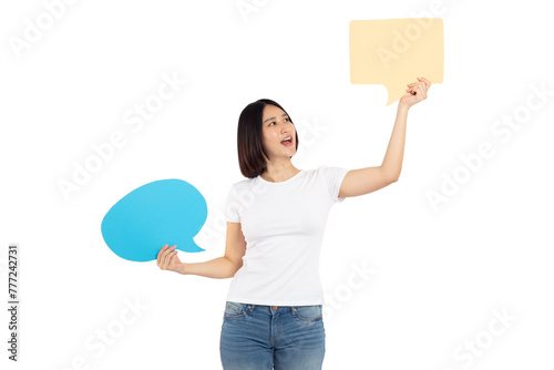 Portrait of woman holding a empty blue and brown speech bubble isolated on white background