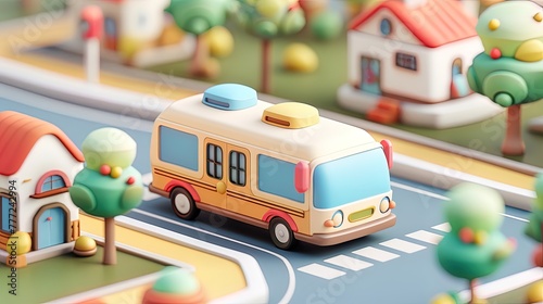 Isometric View, Perspective, Toy public bus Parked, Simple, Full, Cute, Small.