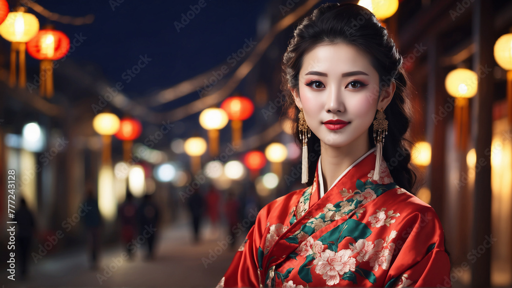 Portrait of a attractive Chinese woman wearing traditional costume in town at night 