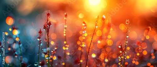 The sunrise paints the sky in golden hues over dewy grass. Concept Nature, Sunrise, Golden Hues, Dewy Grass, Landscape