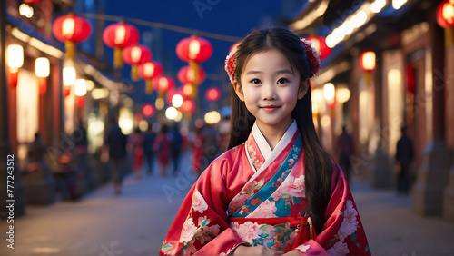 Portrait of cute Chinese girl wearing traditional costume in town at night 