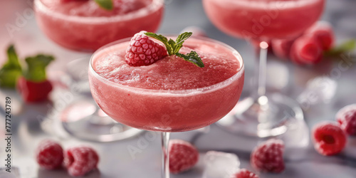 Elegant Raspberry Daiquiri Cocktails. Frosty raspberry daiquiri cocktails elegantly served in stemmed glasses, topped with fresh raspberries, perfect for a sophisticated summer refreshment. photo