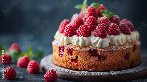 
Raspberry cake sprinkled with raspberries with a sprig of mastic on a dark background vertically photo