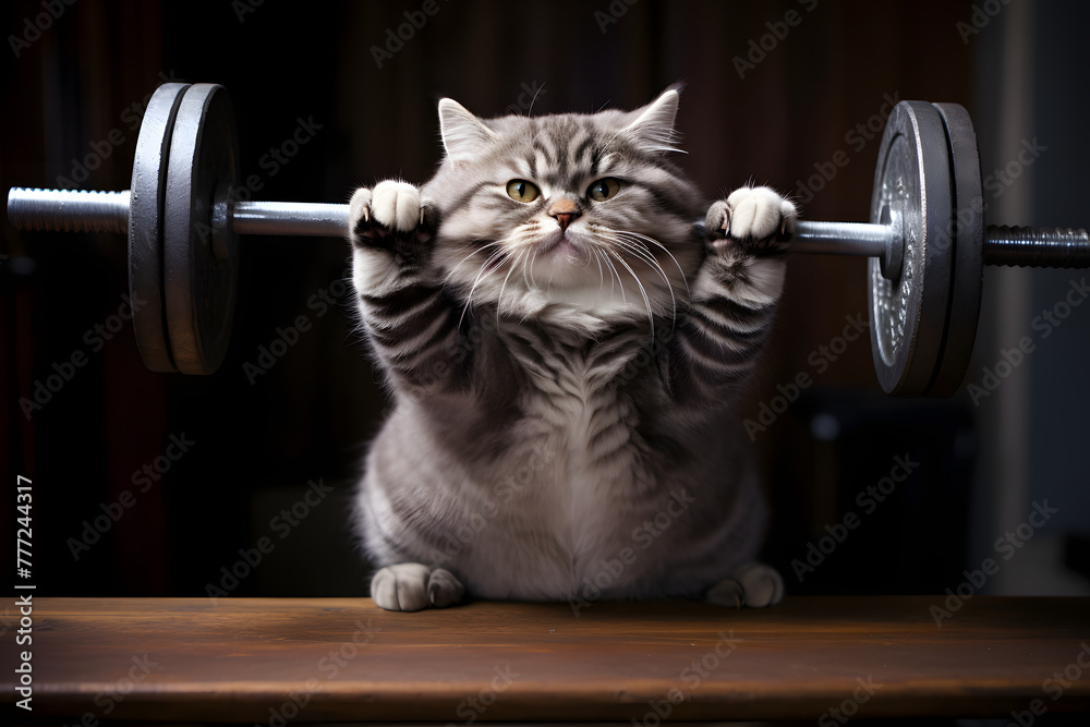 Overweight orange tabby cat sweating it out at the gym, lifting weights