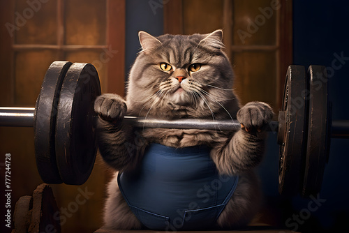 Overweight orange tabby cat sweating it out at the gym, lifting weights in its quest for a leaner physique and improved health -  Generative AI, photo