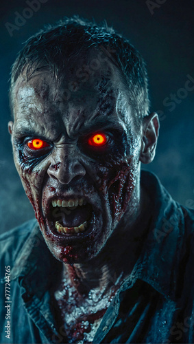 scary angry male zombie with glowing eyes on a dark and misty background