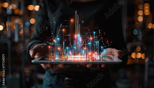 A businessman in a suit presents a futuristic holographic financial chart, signifying strategic analysis and management in the digital economy..