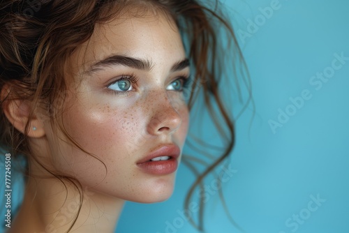 Stunning visual of a young woman with freckles and dreamy eyes by the window