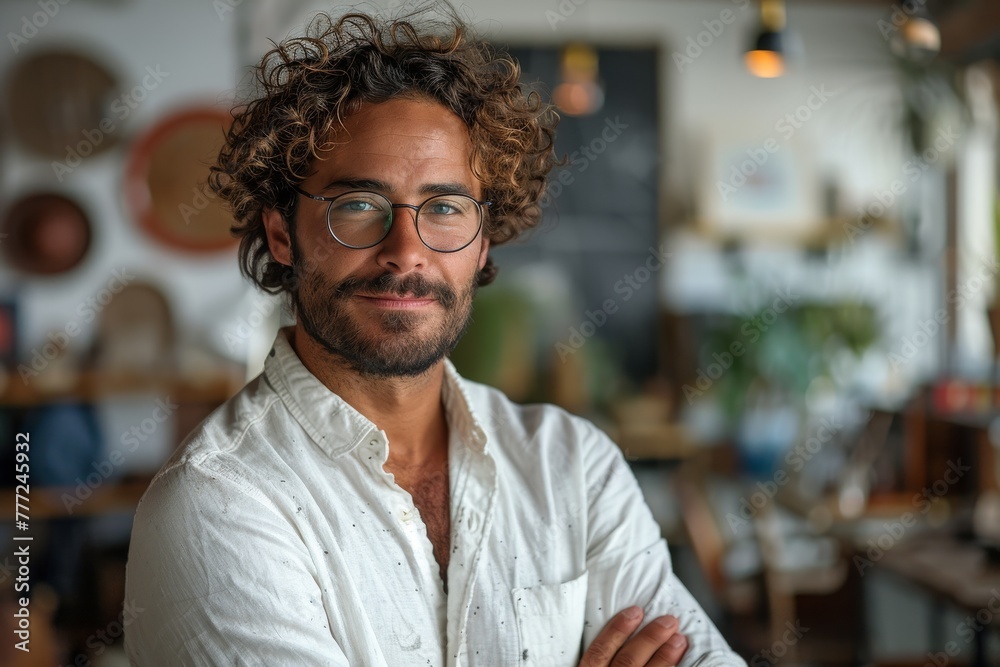 A charming man with curled locks and glasses beams confidently, arms crossed in a casual white shirt A charming man with curled locks and glasses beams confidently, arms crossed in a casual white shirt