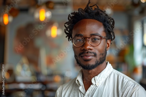 A young man with distinctive twisted hair and eyeglasses offers a thoughtful look, exuding intelligence and calm