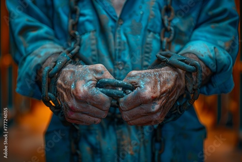 A powerful image showcasing the textured, paint-stained hands of a worker bound by chains