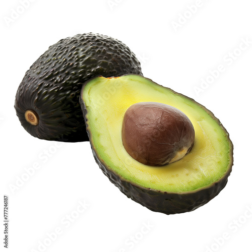 Hass Avocado cut in half isolated on transparent background. Ingredient for cook. Healthy vegan superfood.
