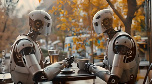 Two humanoid robots sitting in a cafe drinking coffee and gossiping  photo