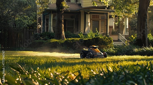 A robot mowing the lawn with precision in a suburban backyard.