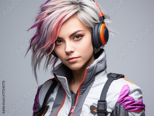 A girl with colorful hair and pink headphones