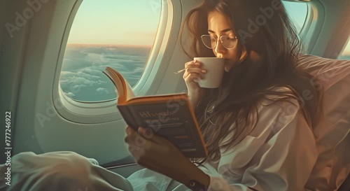 woman reading a book to pass the time in an airplane  photo