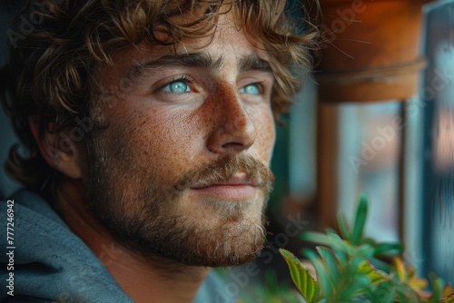 Handsome young man with blue eyes and scruffy beard looking away in a reflective mood, with indoor plants