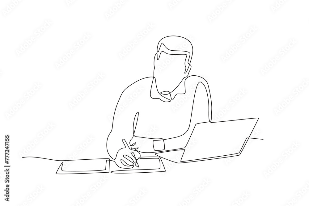Man taking notes while working from home.Working from home one-line drawing