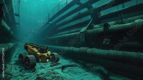 A robot inspecting underwater pipelines for signs of damage.