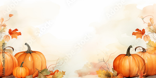 Happy Thanksgiving day traditional backdrop. Pumpkins and flowers background. Celebrating autumn holidays.