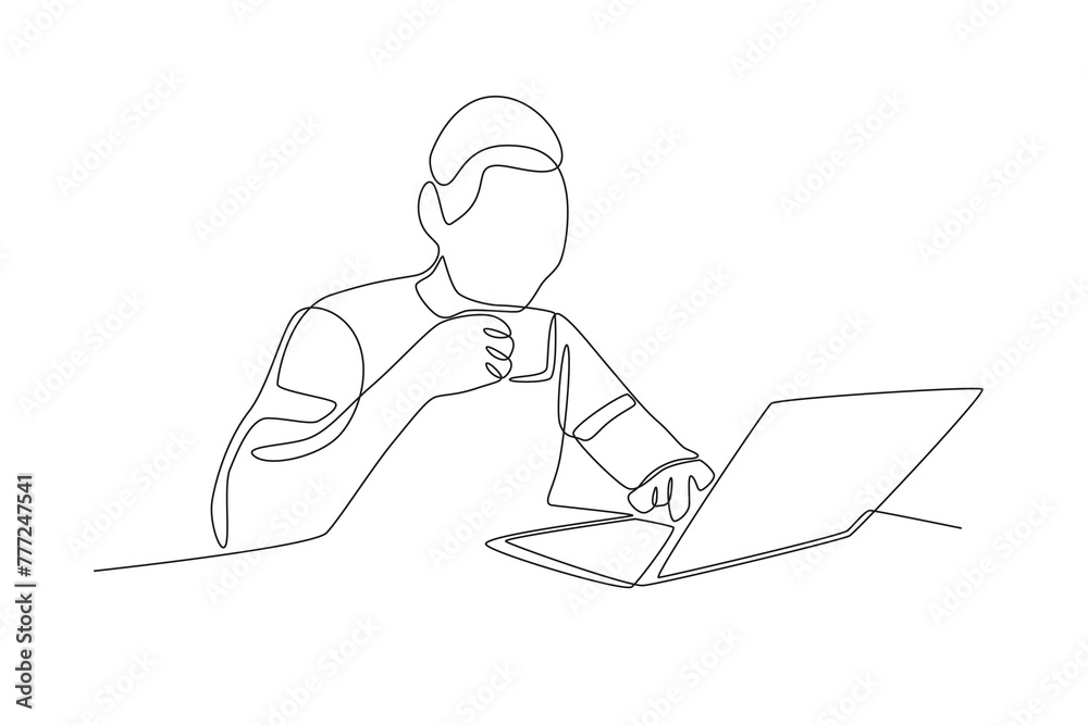 Man typing while drinking coffee.Working from home one-line drawing