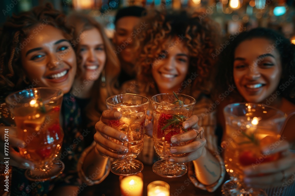 Group of diverse friends toasting drinks at a bar, celebrating friendship and enjoyment in social gathering Group of diverse friends toasting drinks at a bar, celebrating friendship and enjoyment in social gathering