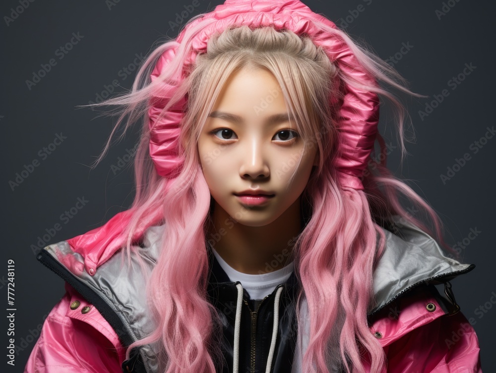 A girl with pink hair and a pink hoodie A girl with pink hair and a pink hoodie
