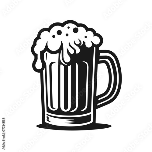 Glass or ceramic mugs filled of beer with overflowing froth heads. Isolated on white background, for brewery emblem or beer party design
