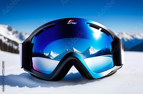 Ski or snowboard goggles with reflection of mountains on a winter background. Winter sport , active vacation concept. Lifestyle illustration for banner, sport advertisement .