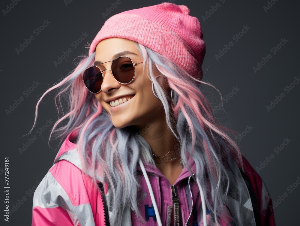 A young man with pink hair and sunglasses is smiling for the camera A young man with pink hair and sunglasses is smiling for the camera