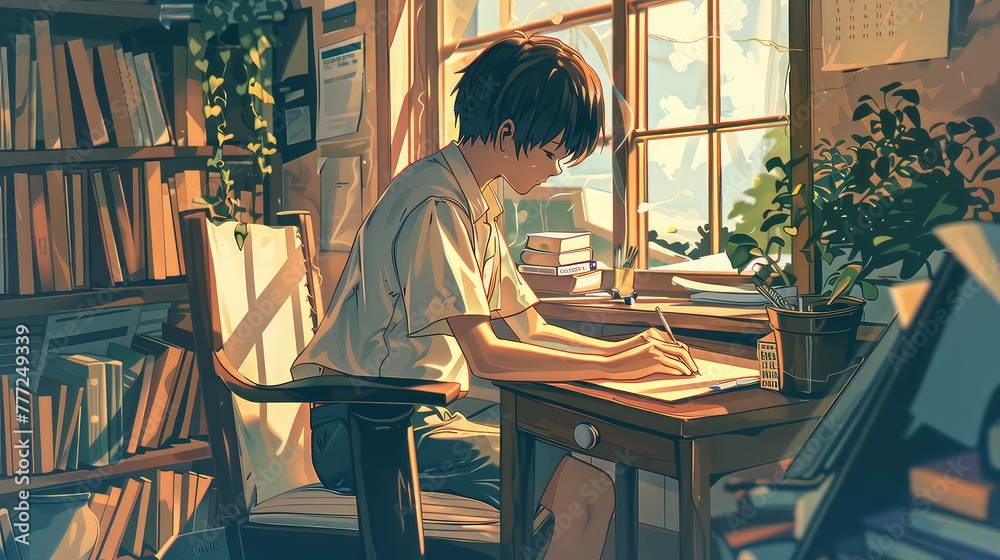A student studying at a cluttered desk surrounded by books, papers, and a laptop. A student studying at a cluttered desk surrounded by books, papers, and a laptop.
