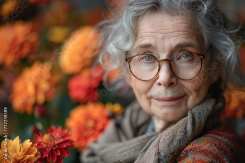 An elegant senior lady with grey hair and glasses poses among vivid flowers with a soft and kind expression photo
