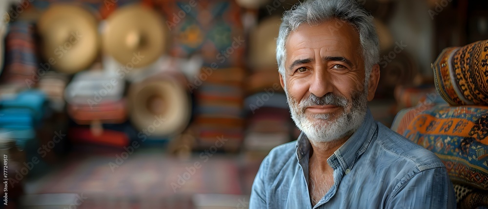 Iranian shop owner with piles of carpets smiling and inviting customers inside. Concept Local Business, Persian Carpets, Shop Owner, Customer Interaction, Cultural Experience