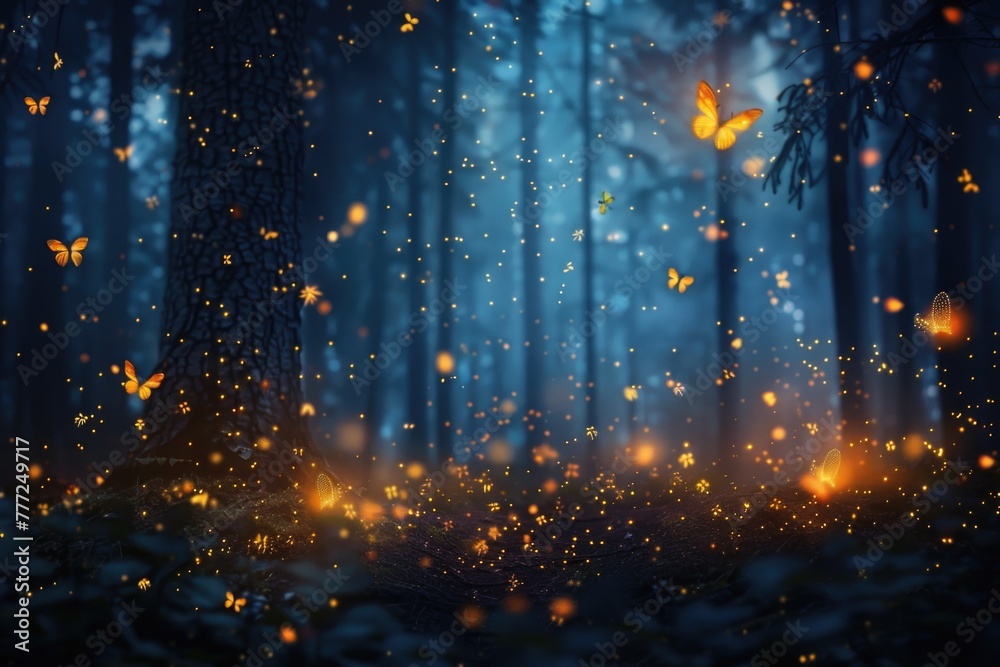 Abstract and magical image of Firefly flying in the night forest. Fairy tale concept Abstract and magical image of Firefly flying in the night forest. Fairy tale concept