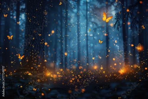 Abstract and magical image of Firefly flying in the night forest. Fairy tale concept