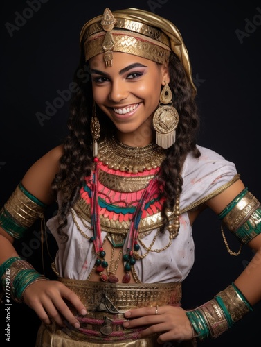 A woman in a gold and green outfit is smiling and posing for a photo