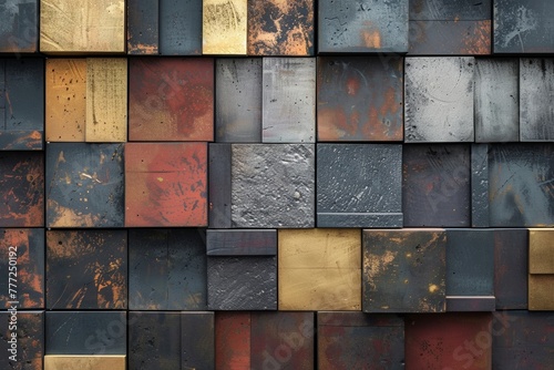 Abstract metal wall background with dark gray and gold squares