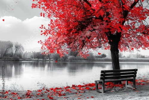 Empty park bench under red tree in black and white photo