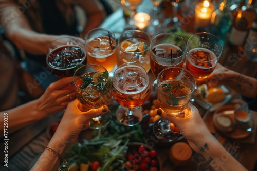 An intimate scene of hands with various beer glasses raised in a toast symbolizing friendship and celebration amid a cozy atmosphere
