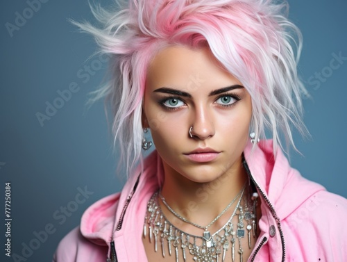 A woman with color hair and a color jacket