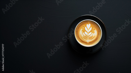 Cappuccino with latte art in a black cup on a dark background. Flat lay coffee concept with space for text.