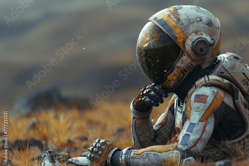 Detailed close-up image of a worn and damaged astronaut helmet laying in tall grass with signs of aging