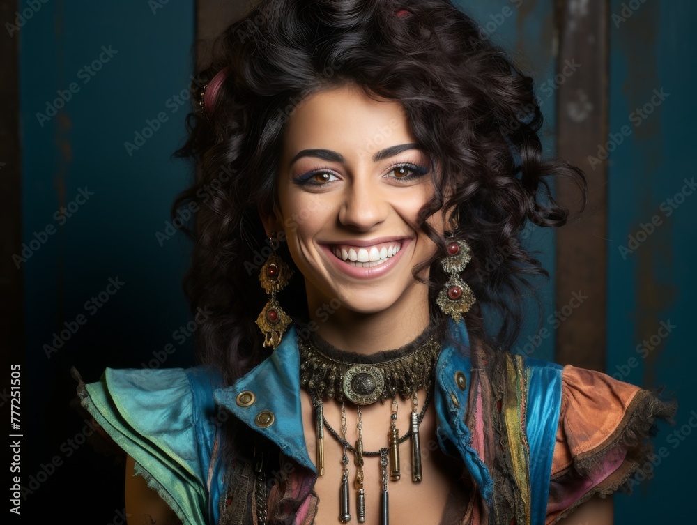 A woman with a colorful outfit and a necklace is smiling A woman with a colorful outfit and a necklace is smiling