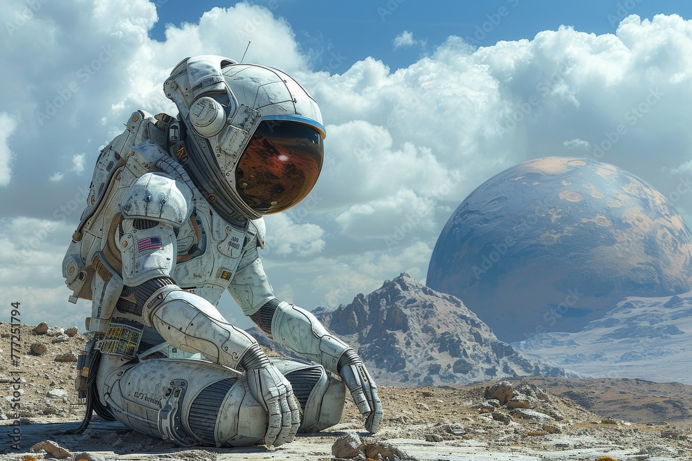 A thought-provoking scene showing an astronaut in a high-detail suit kneeling on a desolate exoplanet with a large moon in the background A thought-provoking scene showing an astronaut in a high-detail suit kneeling on a desolate exoplanet with a large moon in the background
